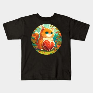 Orange Cat Heart In The Garden - Love Cats Kids T-Shirt